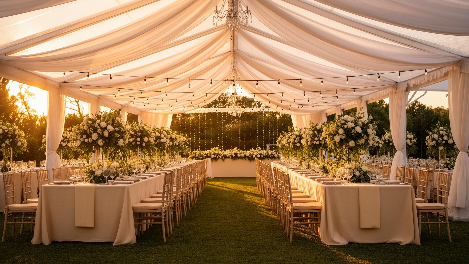 Elegant outdoor party tent with draped fabric, banquet tables and floral centerpieces